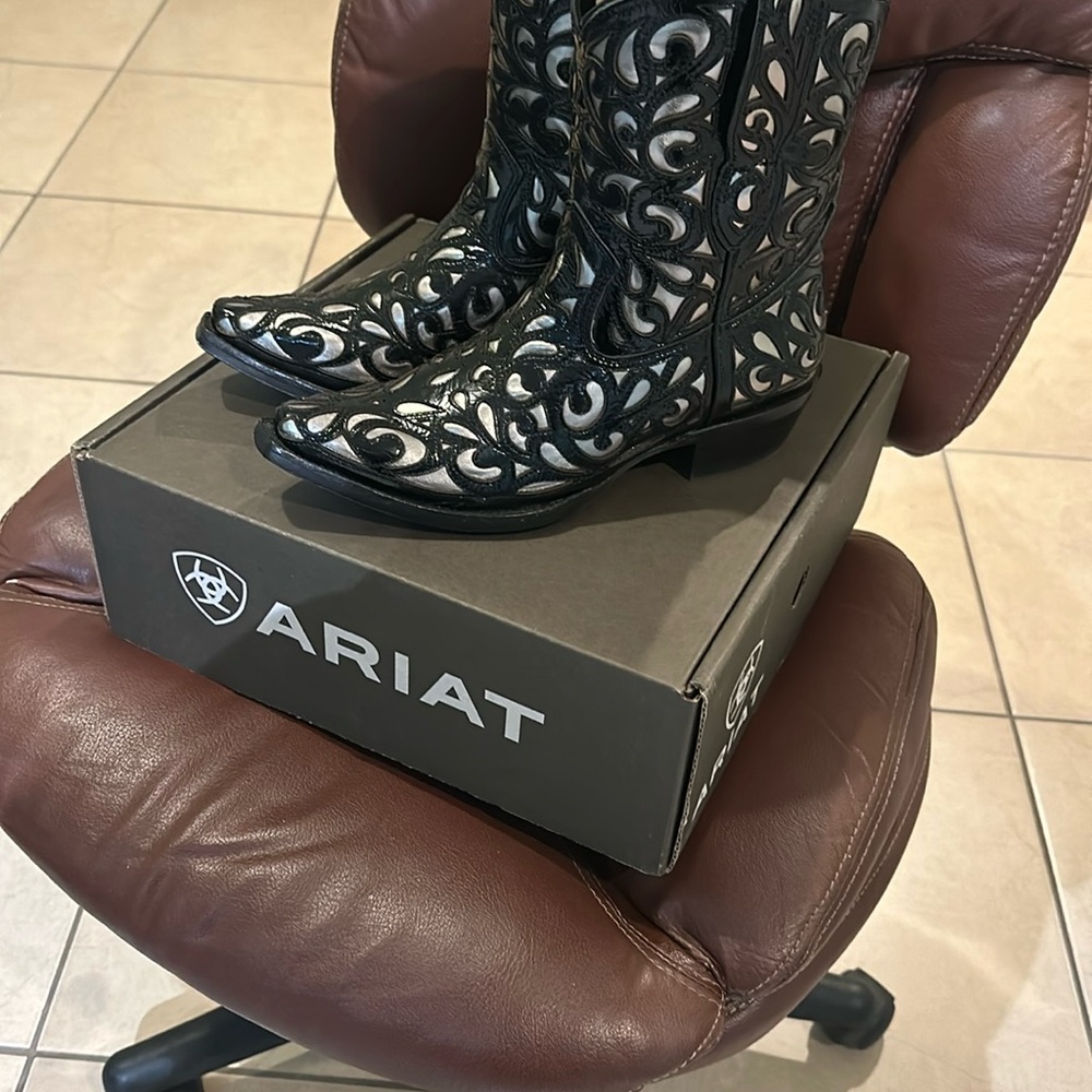 Ariat Black and White Heeled Boots with Intricate Design